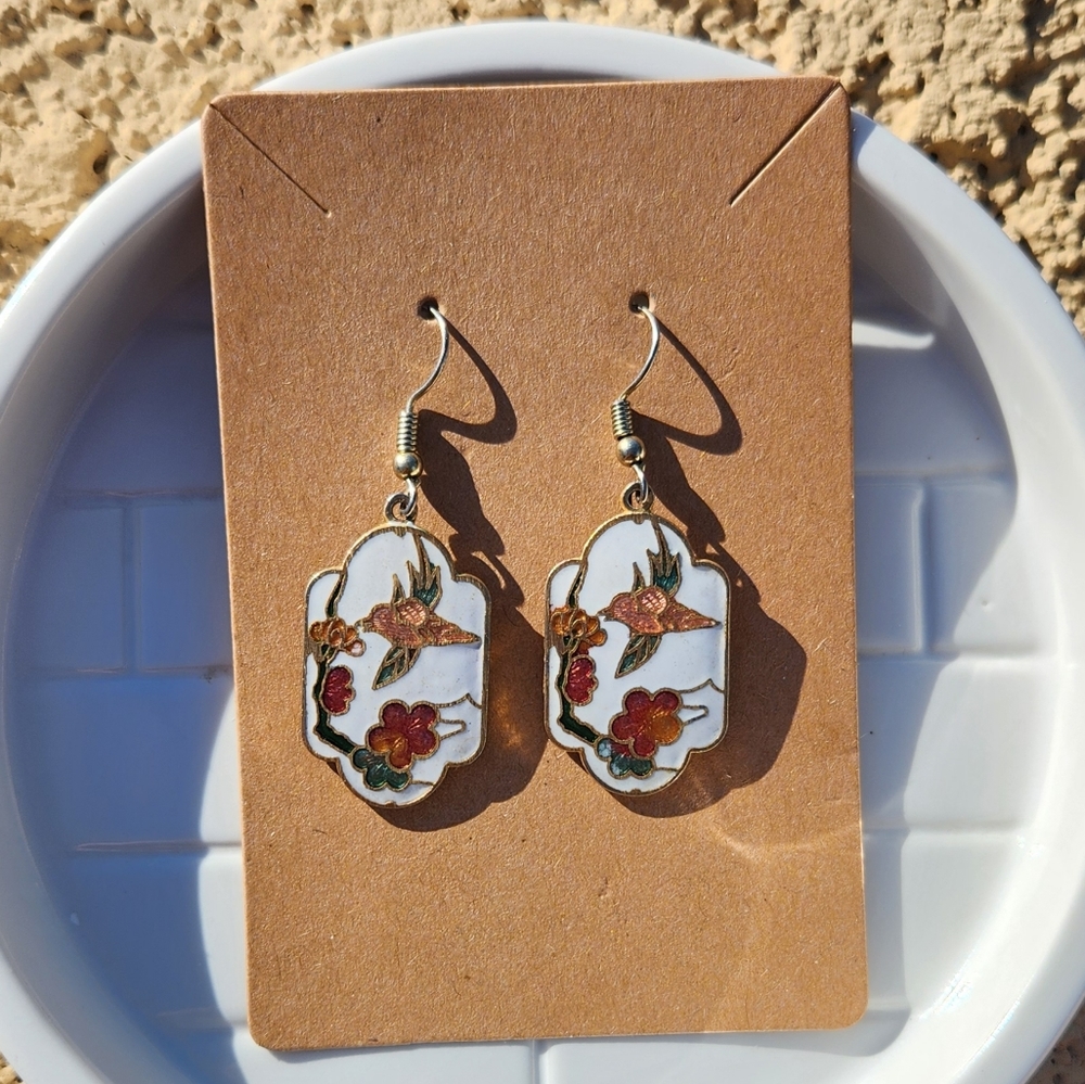 Vintage White Cloisonné Earrings with Bird and Floral Accents